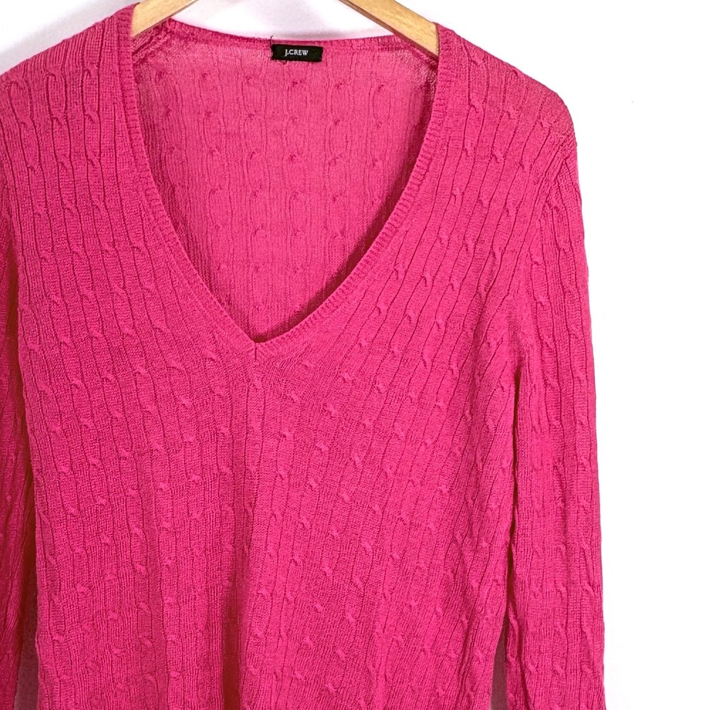 J.Crew Pink Linen Blend Cable Knit V Neck Long Sleeve Sweater Women M Preppy